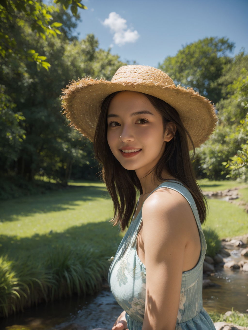 01494-2785505475-1girl,straw hat,cowboy shot,grass skirt,lazy,elegant,curvy,flower,blue sky,dappled sunlight,__lora_slg_v30_0.4_,slg,grass,path,r.png